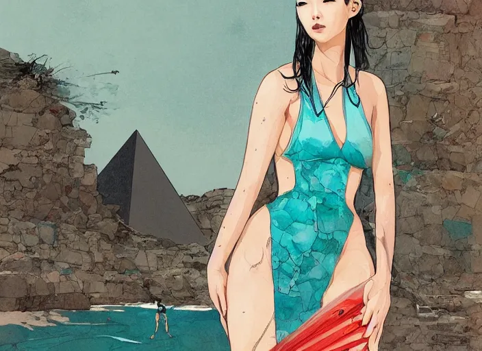 Image similar to lee jin - eun in luxurious dress emerging from turquoise water in egyptian pyramid city during an eclipse by conrad roset, m. k. kaluta, martine johanna, rule of thirds, elegant look, beautiful, chic, face anatomy, cute complexion