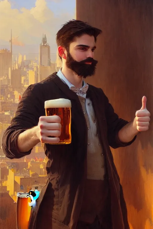 Image similar to a young man holding a beer giving a thumbs up with a long beard, real life skin, intricate, elegant, highly detailed, artstation, concept art, smooth, sharp focus, art by artgerm and greg rutkowski and alphonse mucha