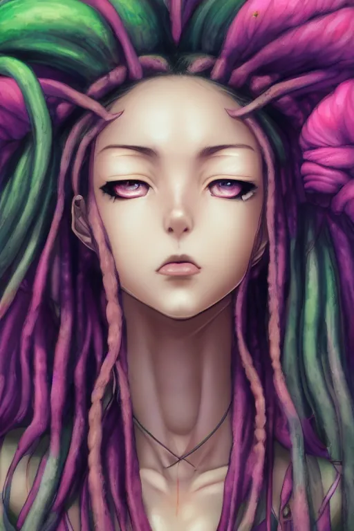 Image similar to portrait of an anime manga girl with green snake dreads, straight on portrait, by artgerm, james jean, tom bagshaw, gerald brom, vaporwave colors, lofi colors, vaporwave, lofi, goth vibe, 4 k, smooth, hd, substance designer render, full body character concept art, symmetrical,