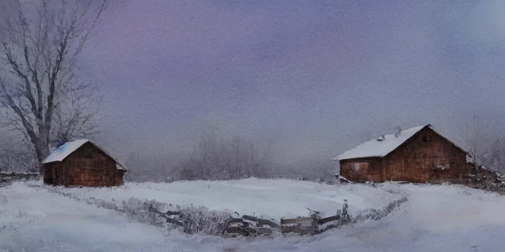 Image similar to a watercolor painting of a cabin in a snowy landscape, at dusk, painted by lars lerin, impressionism, snow storm