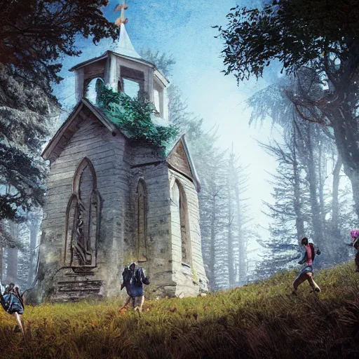 Image similar to a group of hikers stumble across a church steeple buried in the ground. artstation, illustration, concept art, forest, mountains