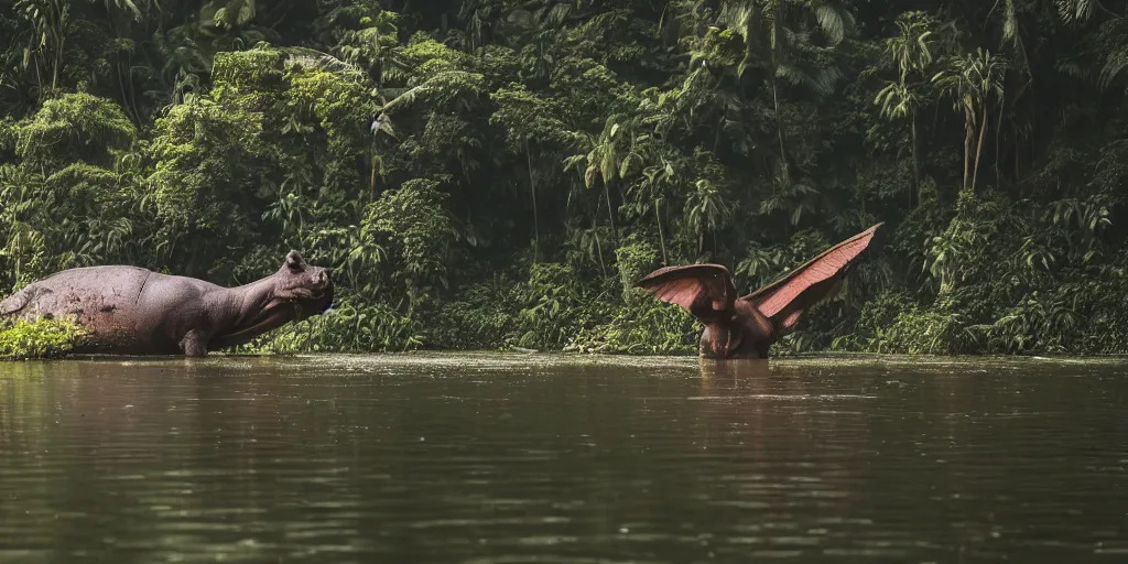 Image similar to a hippo with large wings in a river in the jungle. extremely high fidelity, ominous natural lighting