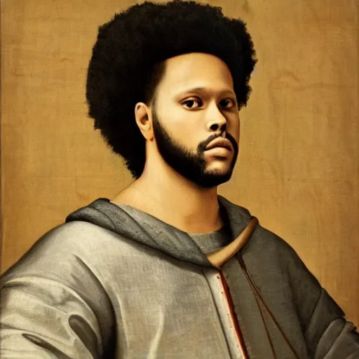 Image similar to a renaissance style portrait painting of the weeknd