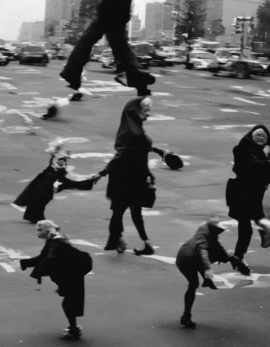 Image similar to A panicked old woman crossing the street with a walker. A nuclear mushroom cloud is in the background. Black and white photo by Annie Leibovitz.