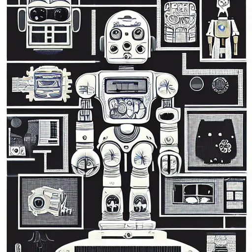 Image similar to a diagram of a robot body with various parts, cyberpunk art by eduardo paolozzi, behance contest winner, computer art, greeble, steampunk, poster art, james turrell, post it note art, optical illusion art, joseph stella, andy warhol, venus of willendorf, vintage robot, robot illustration