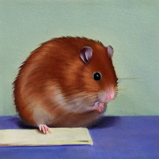 Image similar to a oil painting of a hamster trying to do his tax and is very stressed out