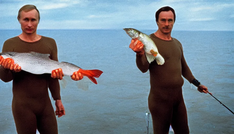 Image similar to 7 0 s movie still of putin in speedo, proudly holding a salmon on a fishing trip in siberia. cinestill 8 0 0 t _ 3 5 mm eastmancolor, heavy grain, high quality, high detail