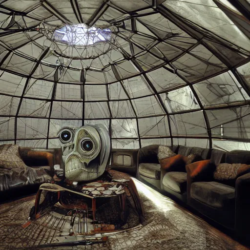Prompt: a photograph of a living room in a geodesic dome designed by H.R. Giger, 8k high quality, uncompressed image