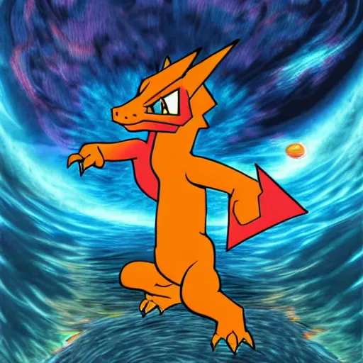 Image similar to charizard observes the the space - time continuum on a heroic dose of psilocybin, digital art