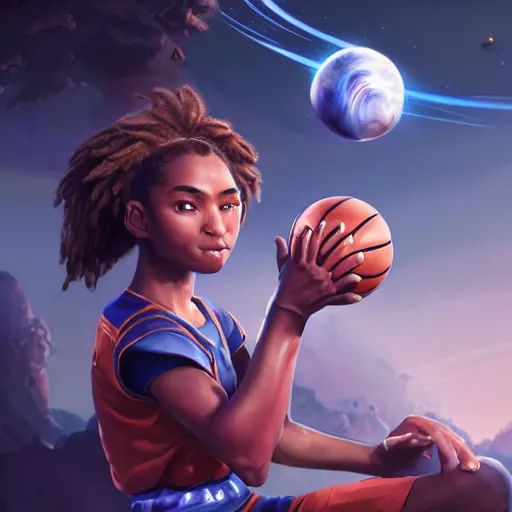Prompt: a basketball player goddess rolling a planet on finger in space, highly detailed, digital painting, artstation, octane render, concept art, matte, sharp focus, hearthstone, illustration