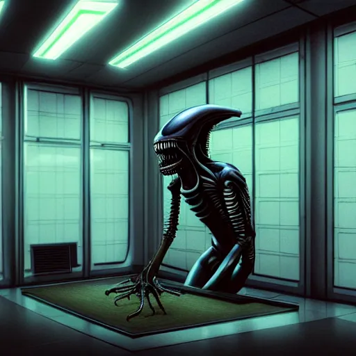 Image similar to xenomorph in endless empty office building with monoyellow walls, brown carpet, defective fluorescent lighting, artstation, ultra detailed, creepy, photorealistic, nostalgia