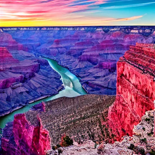 Prompt: a photograph of a pink and blue sunset at the grand canyon,
