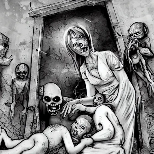 Image similar to “ sensual nurse treating zombie childs in a destroyed hospital, fantasy, artwork ”