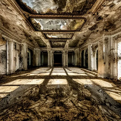 Image similar to time has ended before it even started, luxurious abandoned palace, realistic ground, realistic shadows, illuminated by godrays, reflections, 8 k