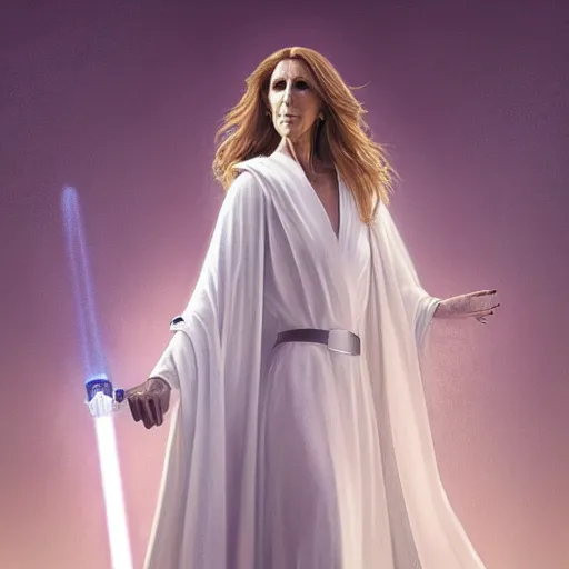 Prompt: perfectly - centered - portrait of celine dion wearing white cloak holding light saber, intricate, highly detailed, digital painting, artstation, concept art, smooth, sharp focus, illustration, unreal engine 5, 8 k, art by artgerm and greg rutkowski and alphonse mucha