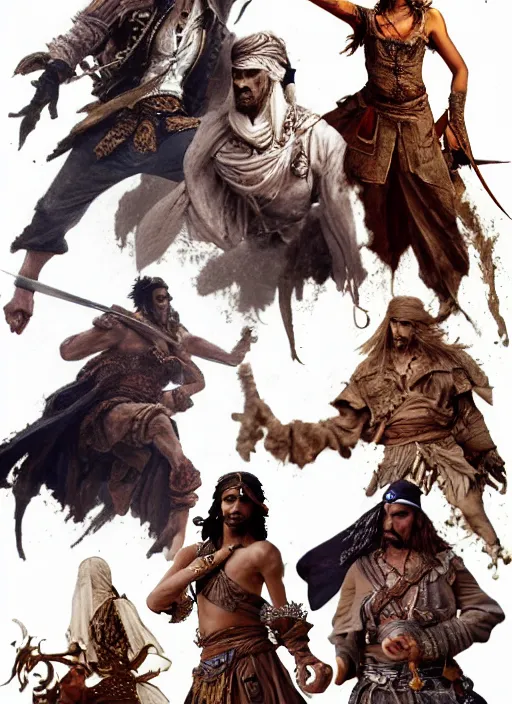 Image similar to detailed pencil spot illustrations ofcharacter concept from the prince of persia game and pirates of the caribbean movie, various poses, by burne hogarth, by bridgeman, by anthony ryder, by yoshitaka amano, by ruan jia, by conrad roset, by mucha, artstation, artstation.