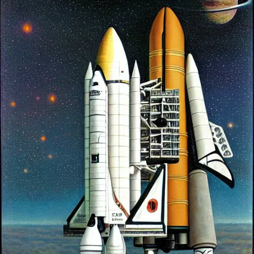 Prompt: ((((space shuttle launch))) painting by ((James Christensen))