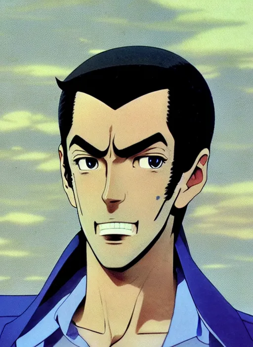 Image similar to a film still portrait of a 1 9 7 0's lupin the third, finely detailed features, closeup at the face, perfect art, in ancient city ruins, water, sun, gapmoe yandere grimdark, trending on pixiv fanbox, painted by greg rutkowski makoto shinkai takashi takeuchi studio ghibli, akihiko yoshida,