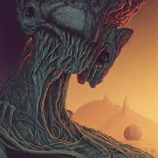 Image similar to iconic hybrid infected mushroom alien, album hyper detailed art style by Zdiszlaw Beksinski and Toshihiro Egawa and H.R. Giger and Artstation trending 8k