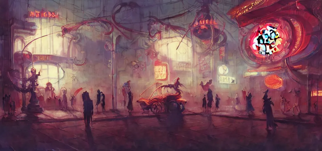 Image similar to close - up of old cyborgs exploring small town cyperpunk amusement, neon food signs, ancient big top circus tent, highly detailed, nightmare, japan, digital painting, concept art, matte, art by ruan jia and wlop and greg rutkowski and makoto shinkai, masterpiece