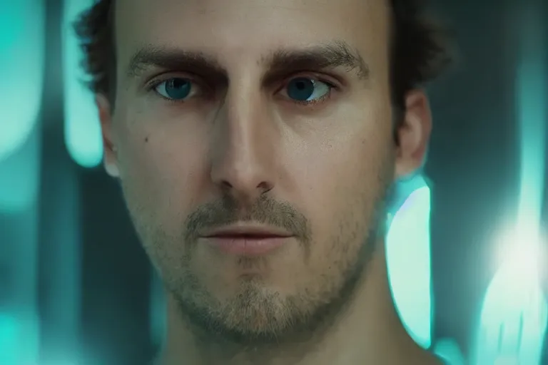 Image similar to VFX movie of a hacker closeup portrait in high tech compound, beautiful natural skin neon lighting by Emmanuel Lubezki