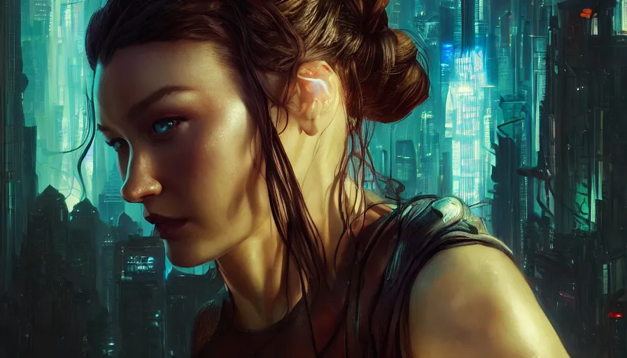 Image similar to altered carbon, bella hadid, sweaty, tech, warhammer, neon, lord of the rings, intricate, highly detailed, digital painting, artstation, concept art, smooth, sharp focus, illustration, unreal engine 5, 8 k, art by artgerm and greg rutkowski and alphonse mucha