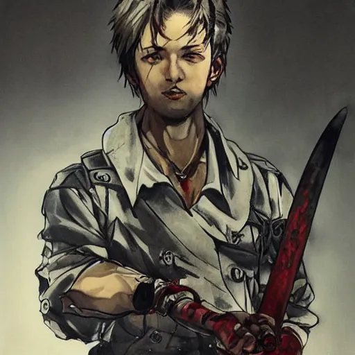 Prompt: portrait of a young white hero using his right arm to grip a katana that is covering his eye by yoji shinkawa, high quality, extra details, realism, ornate, colored, golden chain, blood, white skin, short hair, brown eyes, vivid, sunlight, red headband, black eyepatch, white american soldier, painting, cybernetics, military