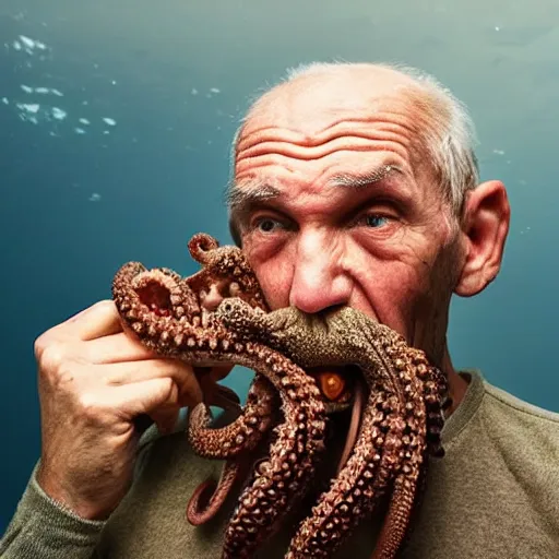 Prompt: National Geographic photo of angry old man with octopus living in his mouth