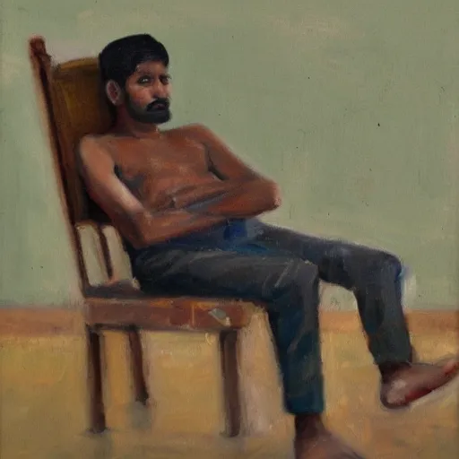 Prompt: Indian man sleeping on a school chair, oil painting
