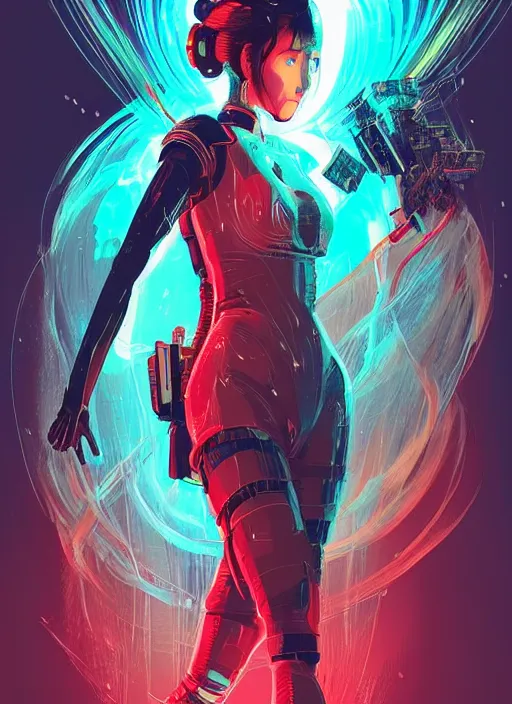 Image similar to a futuristic female geisha warrior, red hair made out of water, blade runner, akira, ghost in the shell, 2077, style of Laurie Greasley and Satoshi Kon + symmetric lights and smoke, psychedelic effects , glowing particles, neon rain, glowing runes, de-noise, symmetrical composition, high detailed + tarot card, ornate border, 8k,