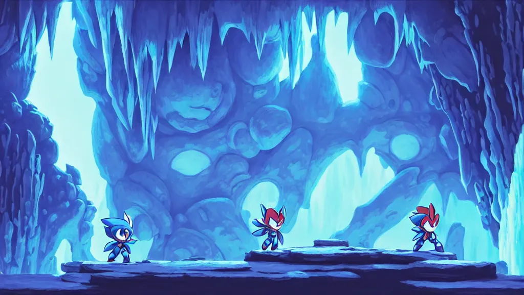 Prompt: side scrolling megaman zero stage 1 the ice cave, studio ghibli, pixar and disney animation, sharp, rendered in unreal engine 5, highly detailed, digital painting, artstation, hollow knight, smooth, sharp focus, illustration, wide angle, wallpaper, splash art, promo art, dramatic lighting, art by artgerm and greg rutkowski and bo chen and jin xiaodi