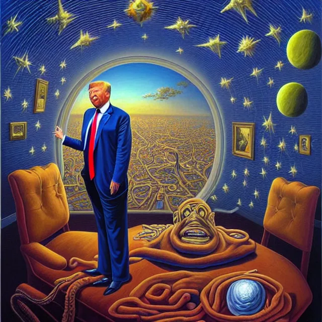 Image similar to an oil on canvas portrait of trump in the whitehouse, surrealism, surrealist, cosmic horror, rob gonsalves, high detail