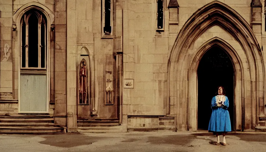 Prompt: 7 0 s film still from a horror movie about a beautiful woman standing at the entrance of a church, kodachrome, cinecolor, cinestill, film grain, film texture, retro, cinematic, high resolution, photorealism,