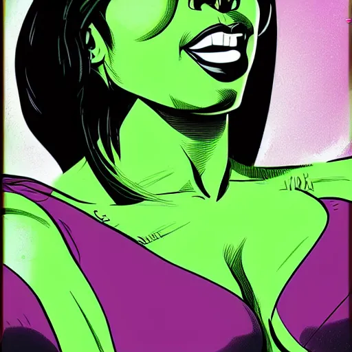 Image similar to Actress Gabrielle Union as She-Hulk, poster framed, comic pinup style, sports illustrated, highly detailed, artstation, illustration, posterized, Roge Antonio, Jen Bartel