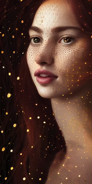 Prompt: young woman, serene smile, surrounded by golden firefly lights, amidst nature fully covered by a intricate detailed dress, long red hair, precise linework, accurate green eyes, small nose with freckles, smooth oval shape face, empathic, expressive emotions, spiritual scene, hyper realistic ultrafine art by artemisia gentileschi, jessica rossier, boris vallejo