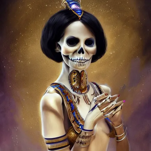 Image similar to cute & beautiful smug smiling undead skeleton girl with very attractive face and black hair dressed as a cleopatra, elegant, digital art, fullbody painting, fantasy, pixar style, painting, pin up, highly detailed, artstation, art by artgerm, vrubel, greg rutkowski, ilya kuvshinov, raymond swanland