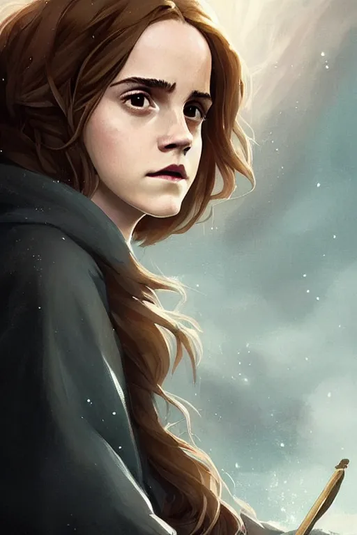 Image similar to Poster artwork, Emma Watson as Hermione Granger, wearing hogwarts robes, magnificent, medium close up, details, sharp focus, elegant, highly detailed, illustration, by Jordan Grimmer and greg rutkowski and PiNe(パイネ) and 薯子Imoko and 香川悠作 and wlop!!!! and maya takamura, intricate, beautiful, sunset!!!, Trending artstation, pixiv, digital Art