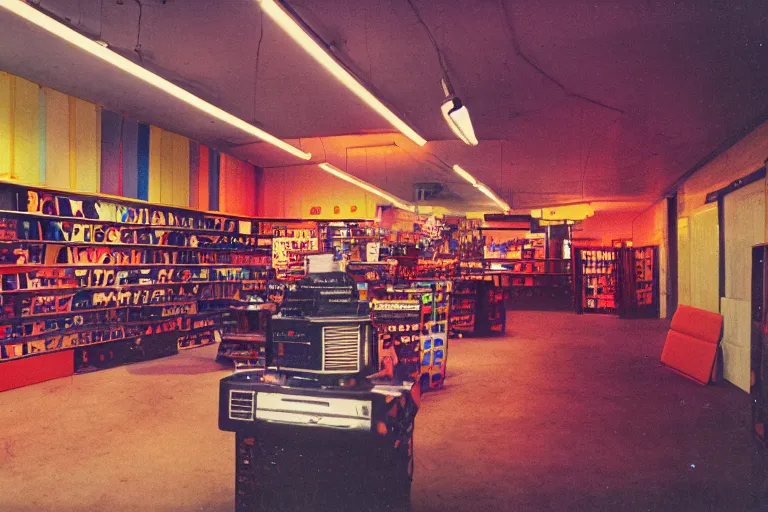 Image similar to inside of a 1970s music store store, neon lights, dirty, ektachrome photograph, volumetric lighting, f8 aperture, cinematic Eastman 5384 film