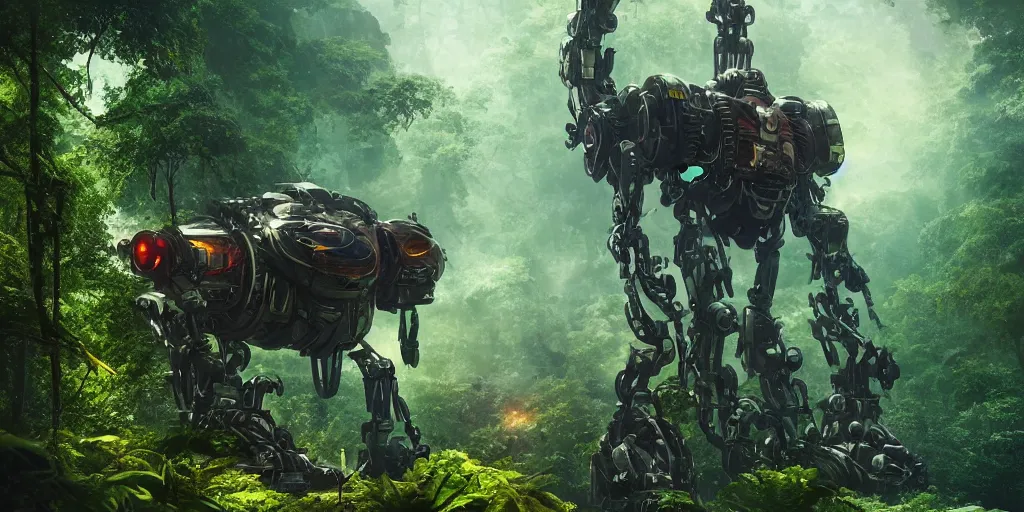 Prompt: an intricate concept art of a giant mechanical robot pilot resting in the rainforest, sci - fi film color palette, artstation, deviantart, octane render, cinematic, inception concept, michael bay film style