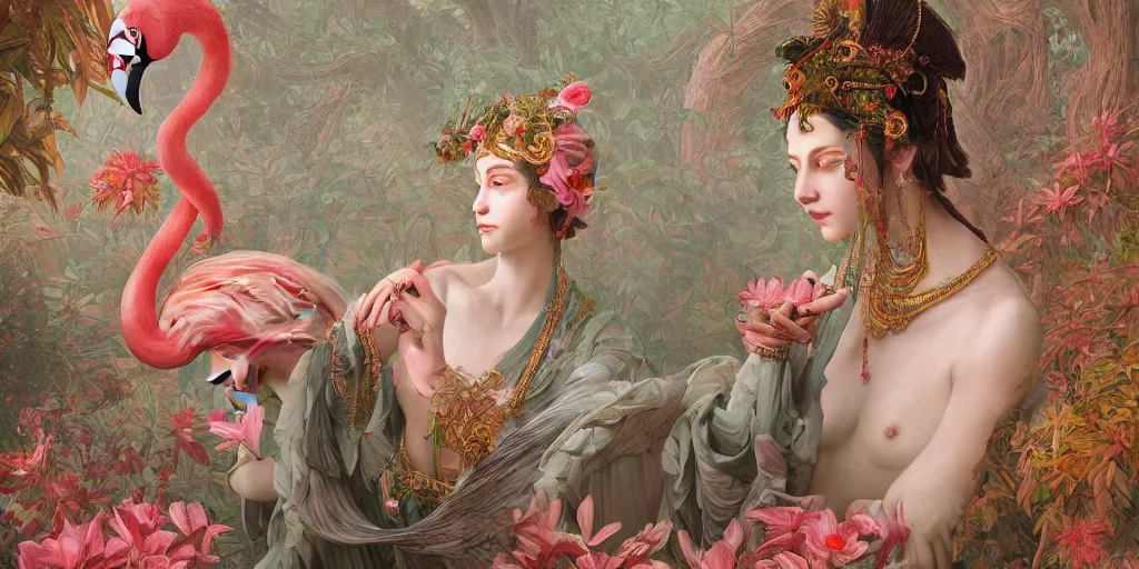 Image similar to breathtaking detailed concept art painting of the goddess of flamingo, orthodox saint, with anxious, piercing eyes, ornate background, amalgamation of leaves and flowers, by Hsiao-Ron Cheng and John James Audubon, extremely moody lighting, 8K