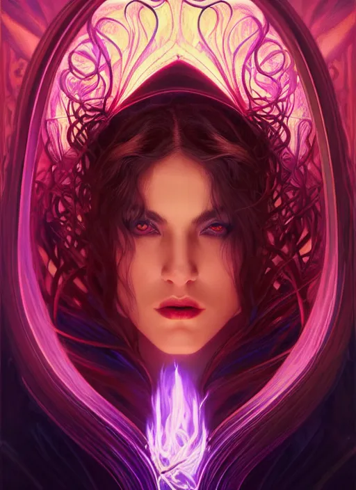 Image similar to book cover, front portrait, dark witch with black hood and evil eyes, realism, soft, smooth, luminescent, art nouveau tarot, backlit glow, colorful swirly ripples, gaudy colors, aesthetic octane render, unreal engine, 8 k, by artgerm, greg rutkowski, alphonse mucha