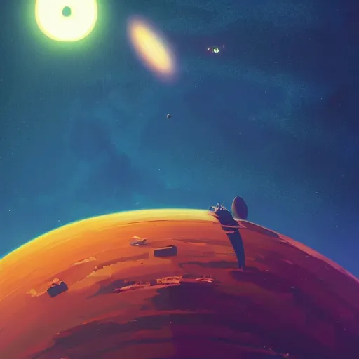 Image similar to view of a black hole swallowing a star as seen from space, by laurie greasley and andreas rocha and brian sum and makoto shinkai, rule of thirds, colorful and bright, clouds in the distance, unreal engine, cinematic lighting, volumetric lighting, featured on artstation