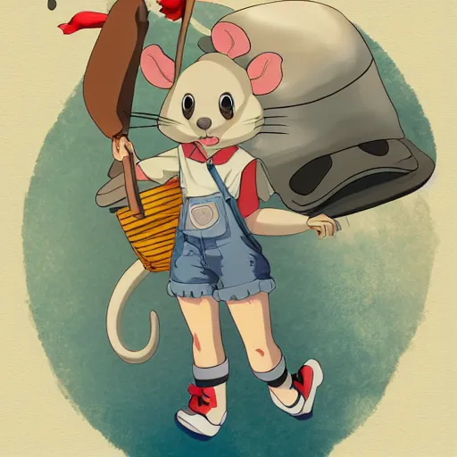 Image similar to in the style of studio ghibli, anthropomorphic mouse, female, wearing denim shorts and tank top, detailed, intricate, aesthetic, artistic, ambient occlusion, volumetric light effect, 8 k resolution