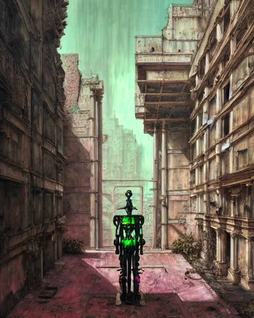 Prompt: hyperrealistic highly detailed exoskeleton baroque mecha iridescent pink brutalist city ruins background concept art santiago caruso de chirico sharp very dramatic green light 8k low angle shallow depth of field