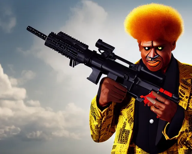 Prompt: ronald macdonald as scarface ronald macdonald holding ar - 1 5, promotional image, cinematic