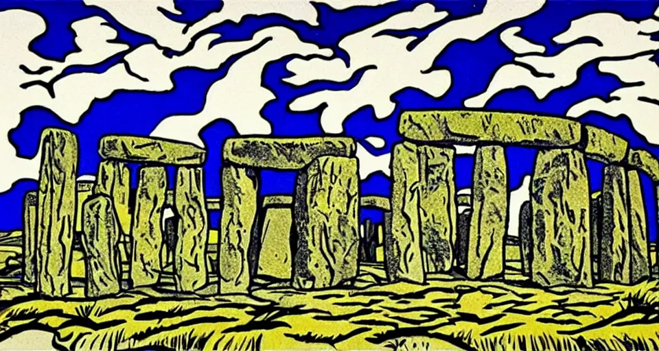 Image similar to stonehenge, highly detailed, dramatic lighting, intense shadows, rich deep colours, by roy lichtenstein