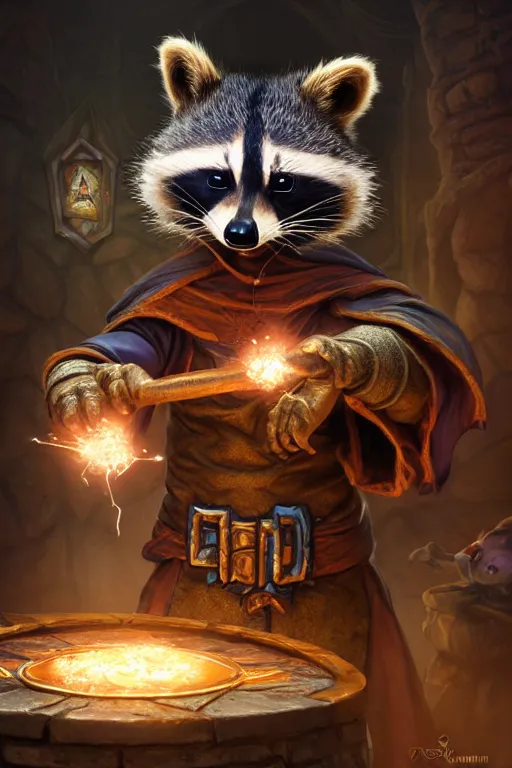 Image similar to closeup 3 5 mm anthropomorphic sorcerer raccoon casting a spell in a castle, d & d, fantasy, intricate, action pose, particle effects, highly detailed, digital painting, artstation, concept art, matte, sharp focus, volumetric lighting, illustration, hearthstone, art by artgerm, wlop, greg rutkowski and alphonse mucha