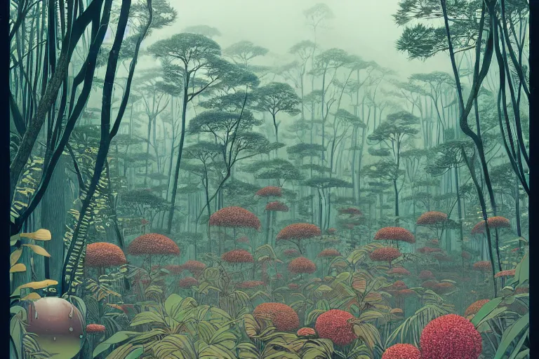 Prompt: lots of glass details, a lot of exotic vegetation, trees, flowers, dull colors, in the foggy huge forest, by moebius, junji ito, tristan eaton, victo ngai, artgerm, rhads, ross draws, hyperrealism, intricate detailed, risograph