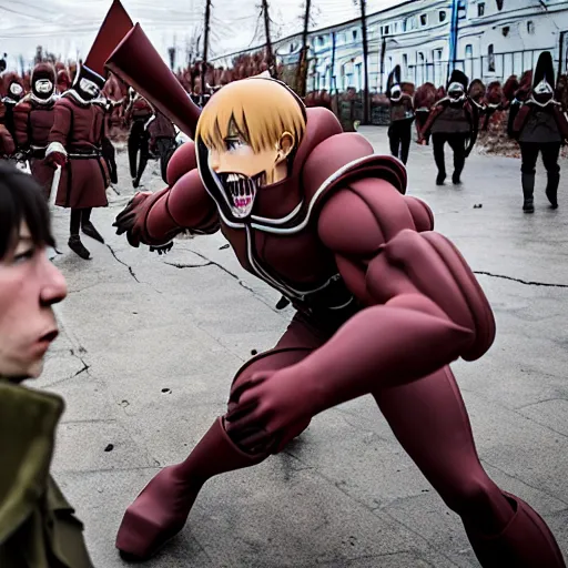 Prompt: titan from the anime attack on titan attacks russian khrushchevki in the saransk, russian melancholy, photography