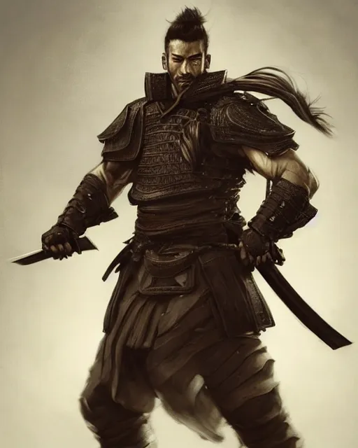 Image similar to full length portrait of a handsome and muscular ronin, square masculine facial features, short messy hair, katana, by wlop and peter mohrbacher, samurai, extremely detailed shading, concept art, digital painting, trending on artstation, unreal engine 5, octane render, atmosphere, glow, cinematic lighting, full of color